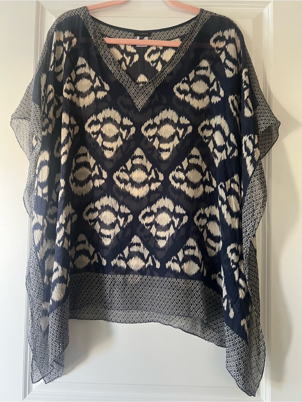 Talbots Navy and Cream Ikat V-Neck Poncho Vintage and 100% Silk
